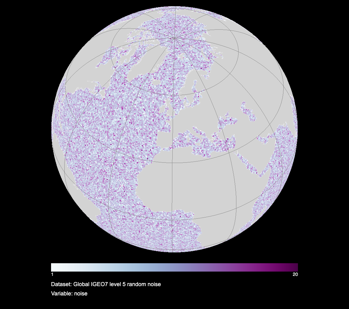 Screenshot of the gridlook web viewer: a globe covered by small hexagonal IGEO7 cells in white to purple colours over the oceans, with the continents shown in grey.