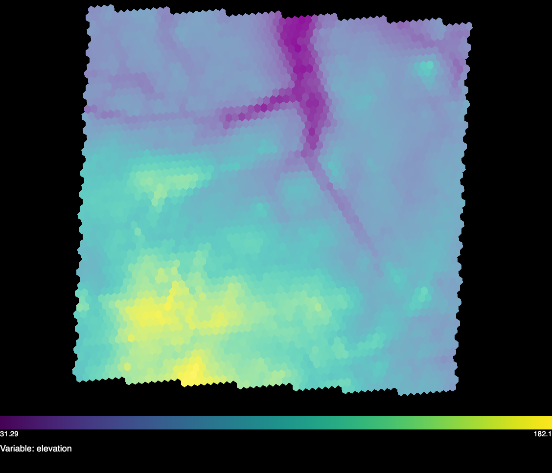 Screenshot of the gridlook web viewer: a rectangular area drawn as individual hexagonal cells, coloured from purple in the river valleys to yellow on higher ground.
